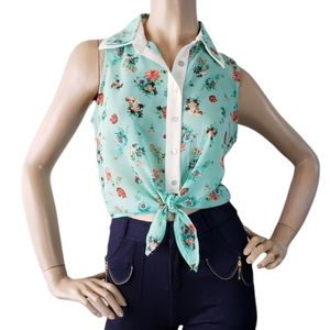 TeenBell Mint Green Floral Button Front Knot Top